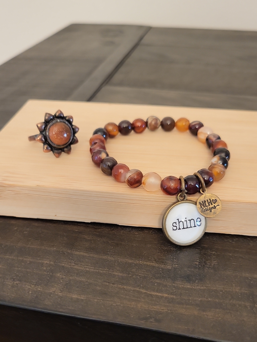Copper Goldstone Ring, Carnelian Gemstone Bead Stretch Bracelet Bundle